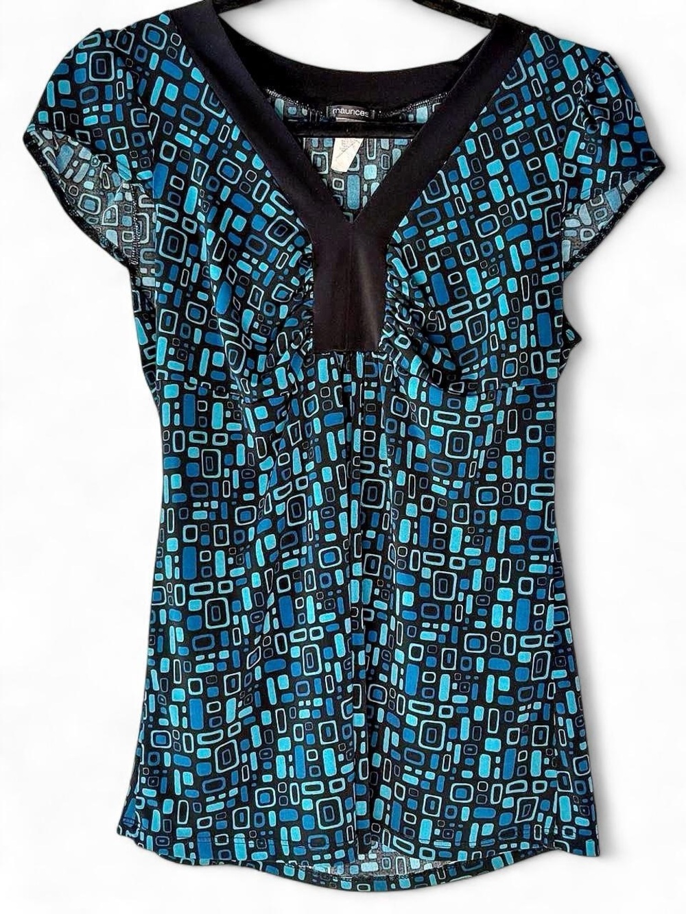 Maurices Black & Blue Geometric V-Neck Short Sleeve Top